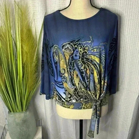 Clara Sun Woo Women’s Small Blue Tie Front 3/4 Sleeve Tunic Blouse - Picture 1 of 10